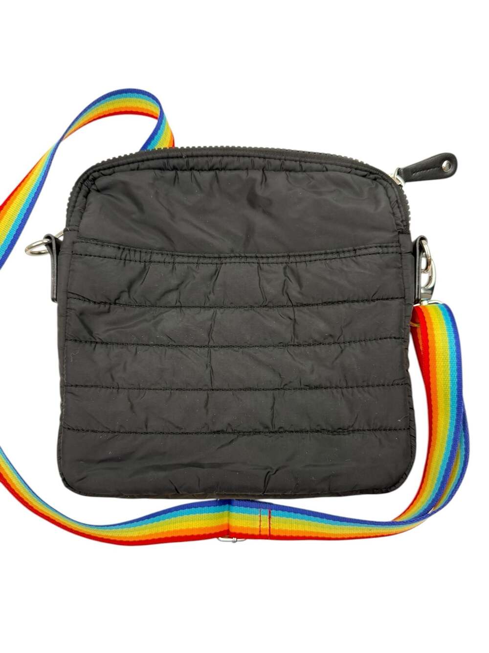 Sondra Roberts Squared Black Quilted Puffer Crossbody Bag with Rainbow Strap - Picture 6 of 8
